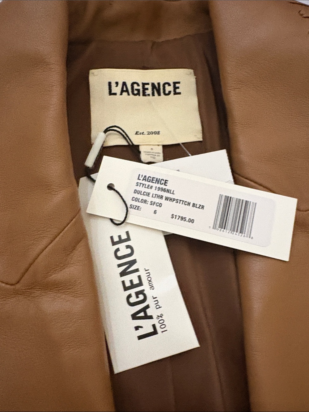 NWT L'AGENCE Dulcie Leather Whipstitch Blazer in Soft Cognac - Picture 9 of 9